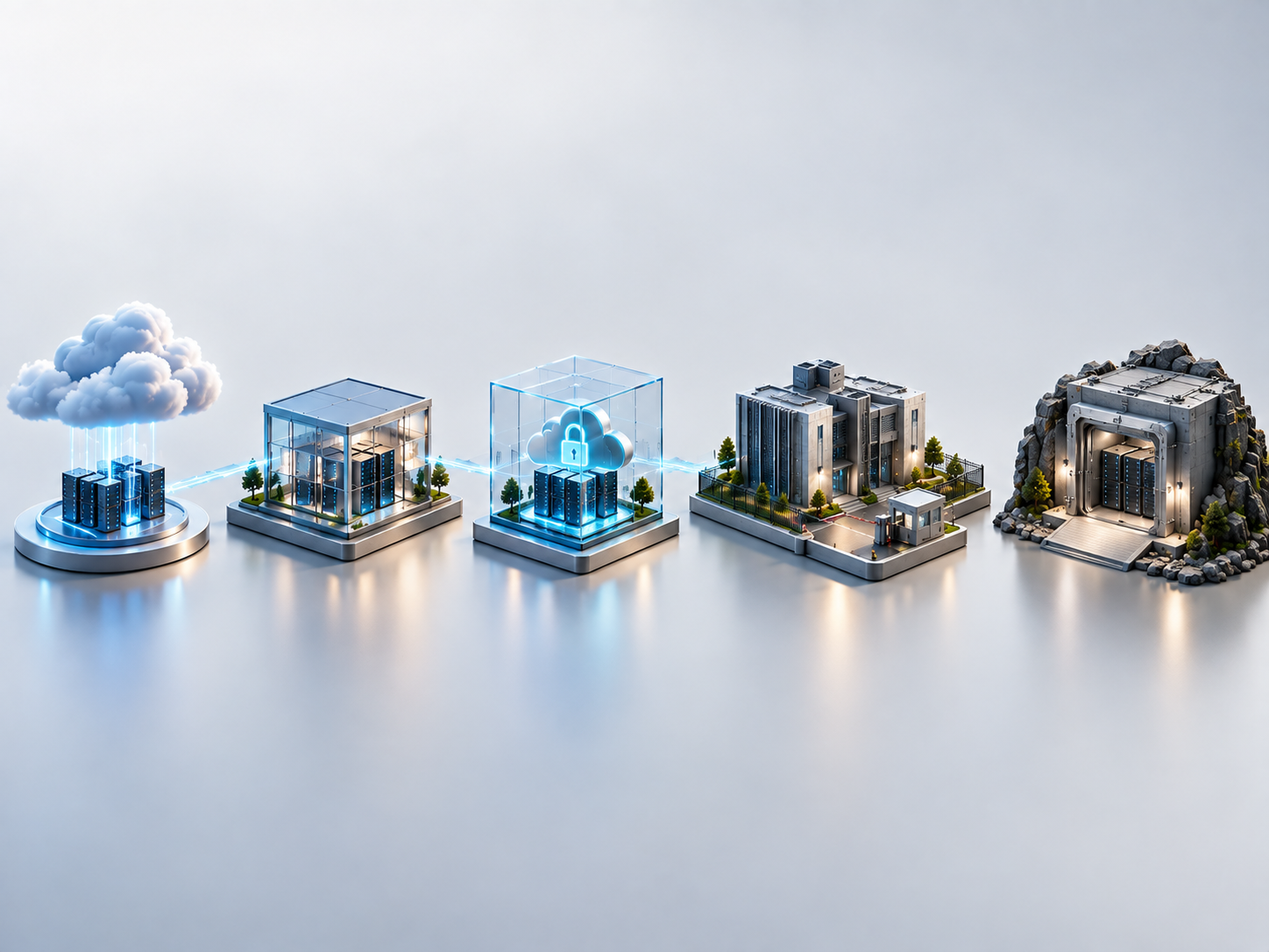 Deployment options for an enterprise AI platform, from left to right: public cloud, private cloud, customer VPC, on premise data center and fully air gapped network.
