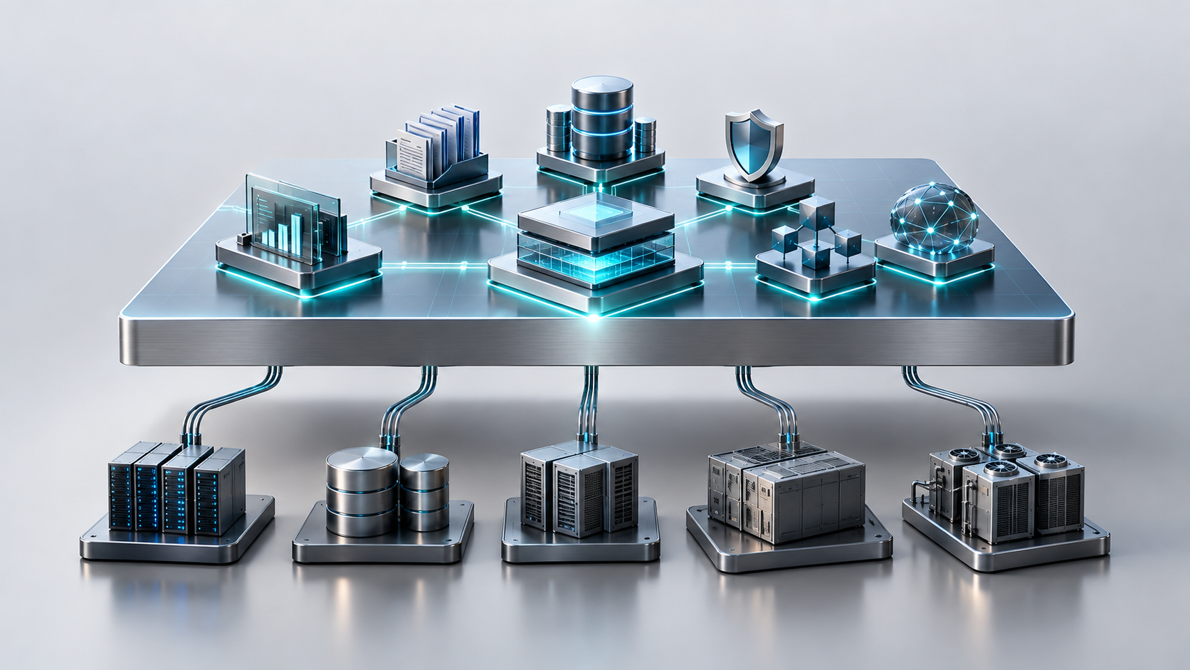 Enterprise AI platform shown as one shared foundation supporting multiple AI modules and connecting to existing enterprise systems