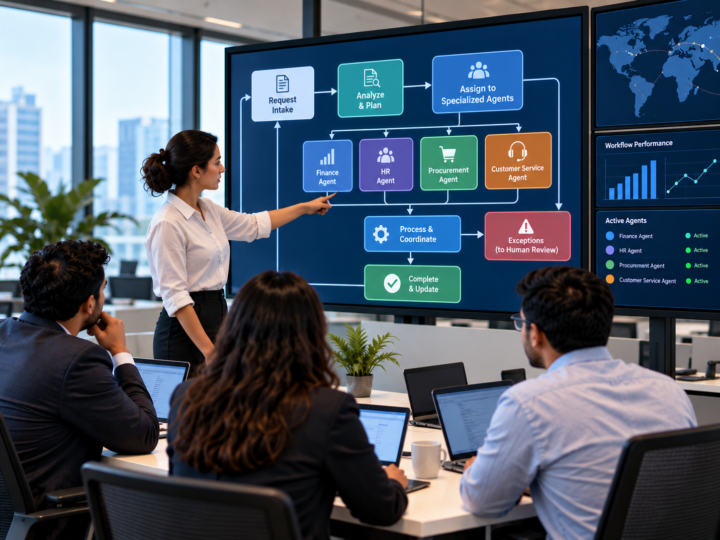 Multi agent workflows require coordination between specialized agents and human reviewers when exceptions arise.